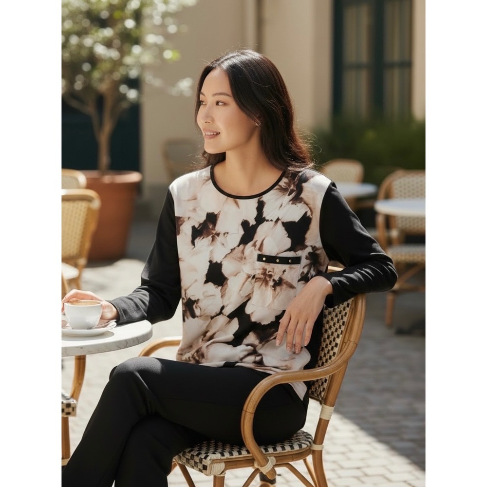 Calvin Klein Womens 0X Floral Print Long Sleeve Pocket Top Black Cream W6HH6072